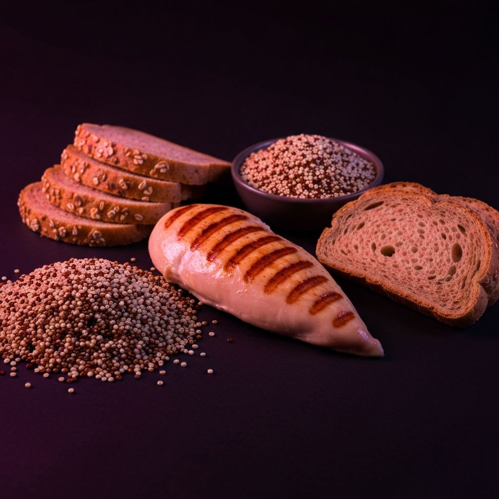 Proteinmat arrangerad på mörk yta